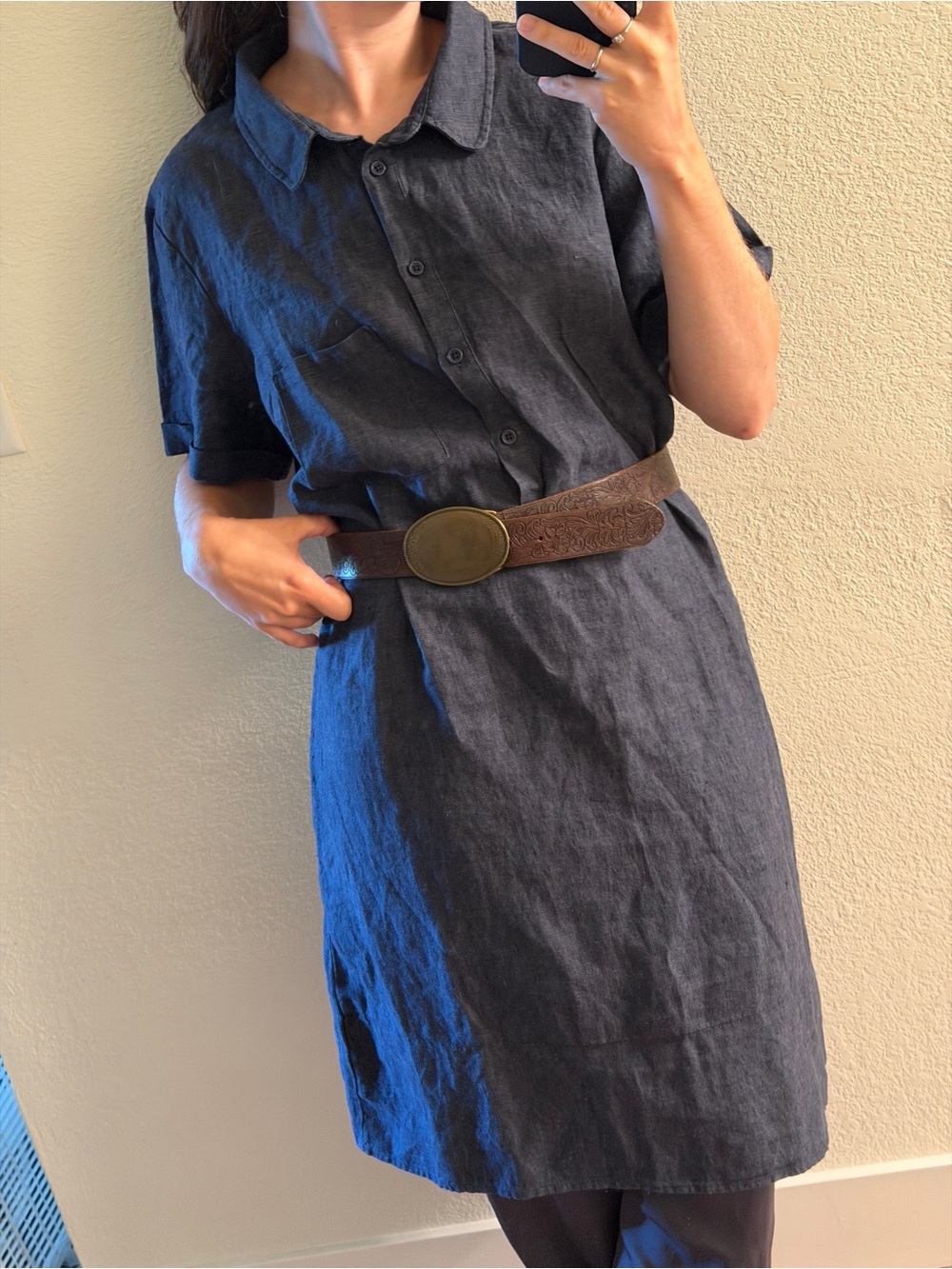 Garnet Hill Navy Linen Relaxed Popover Shirtdress